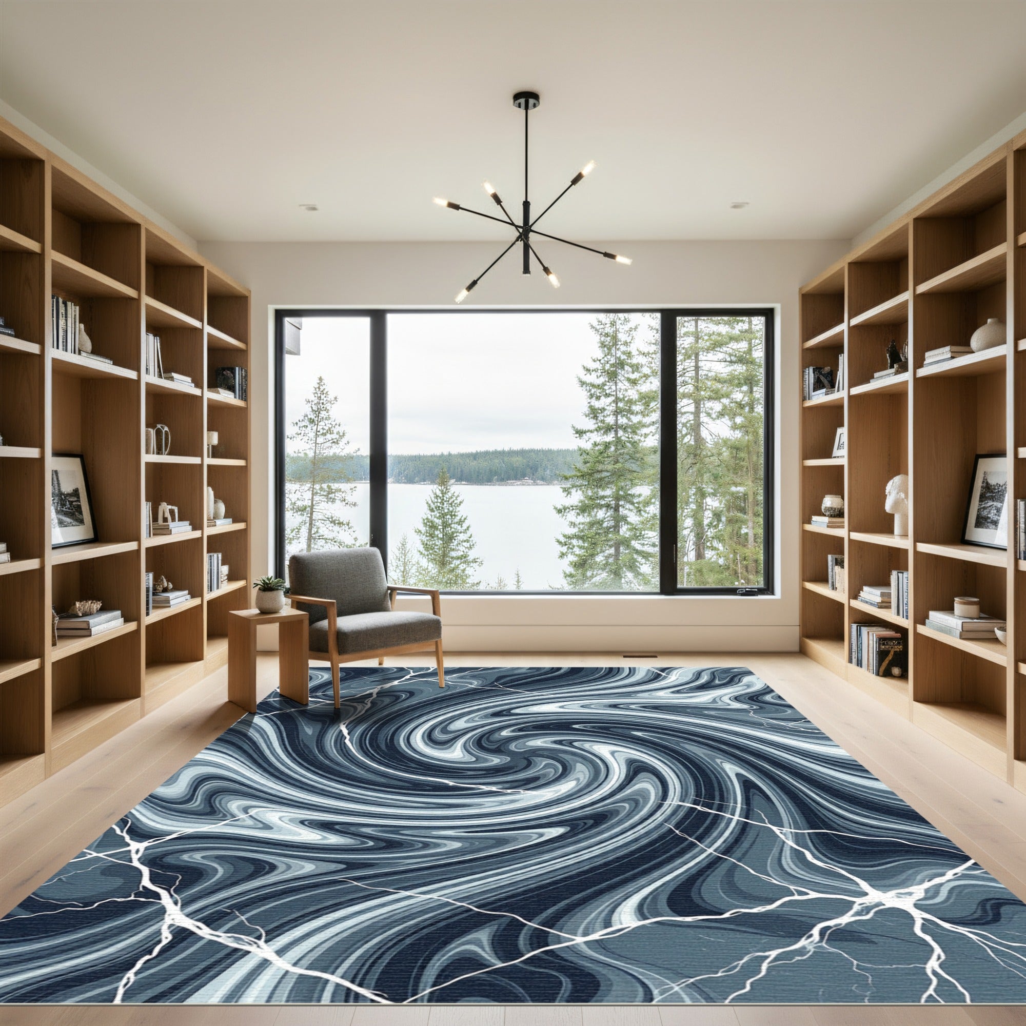 Abstract Navy Marble Swirl Vein Rug