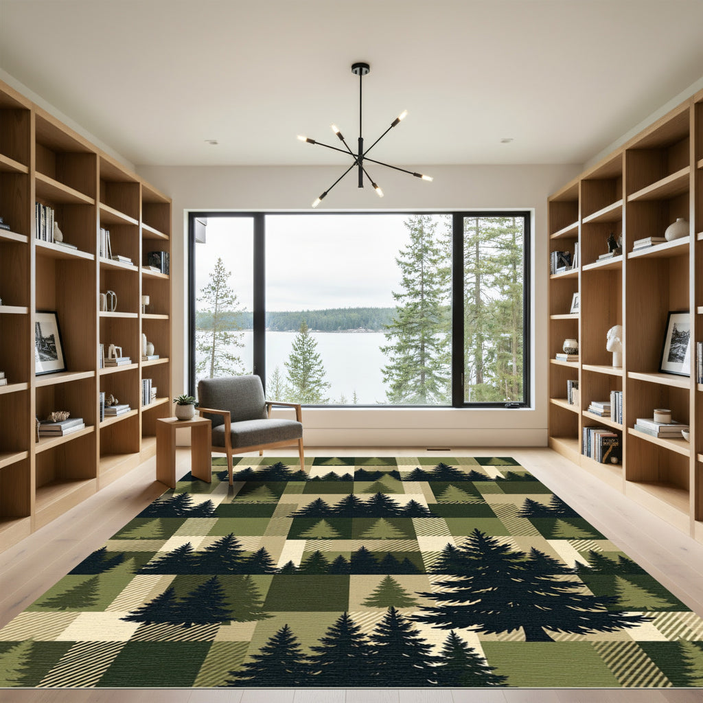 Earthy Forest Pine Plaid Landscape Rug