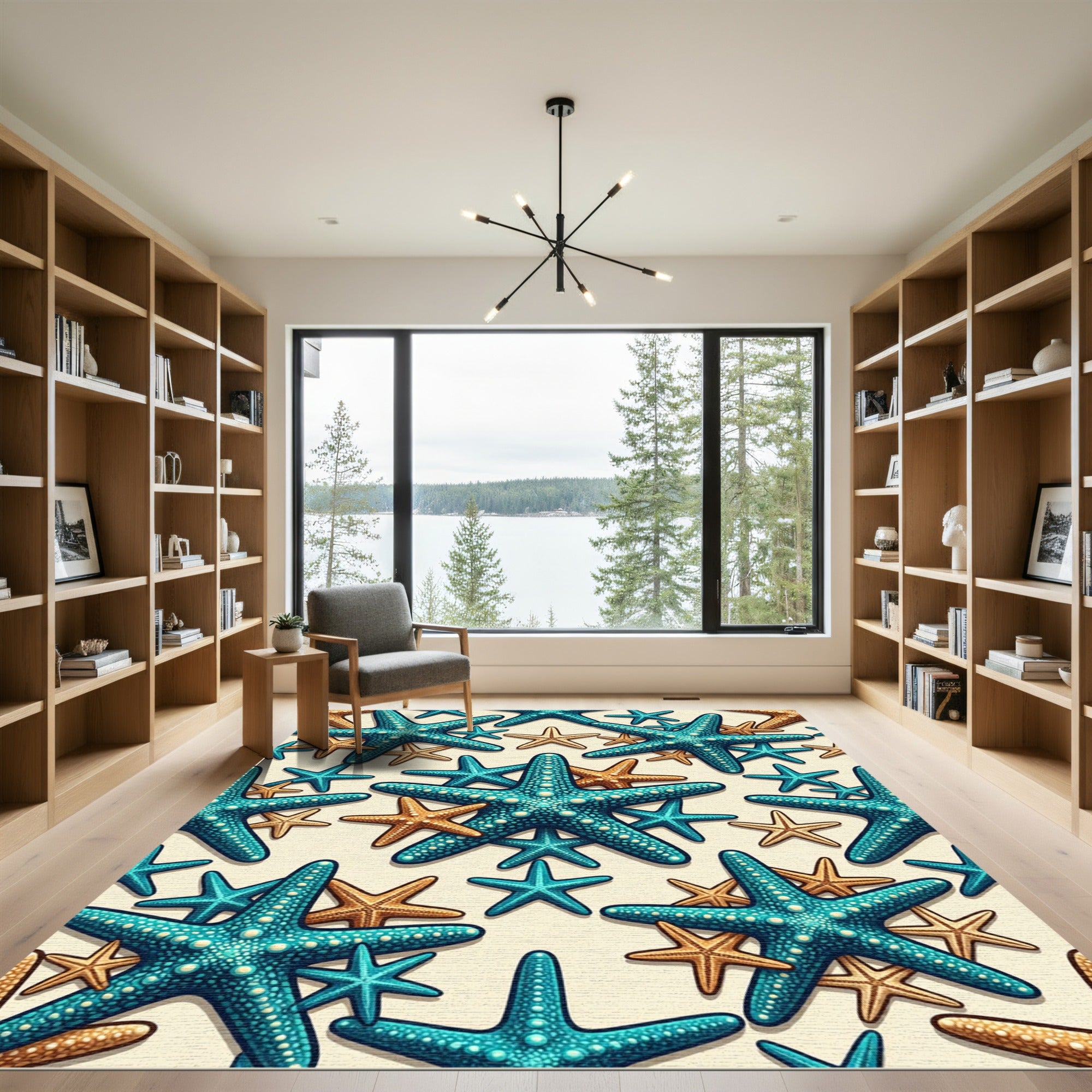 Teal Tan Starfish Beach Pattern Rug