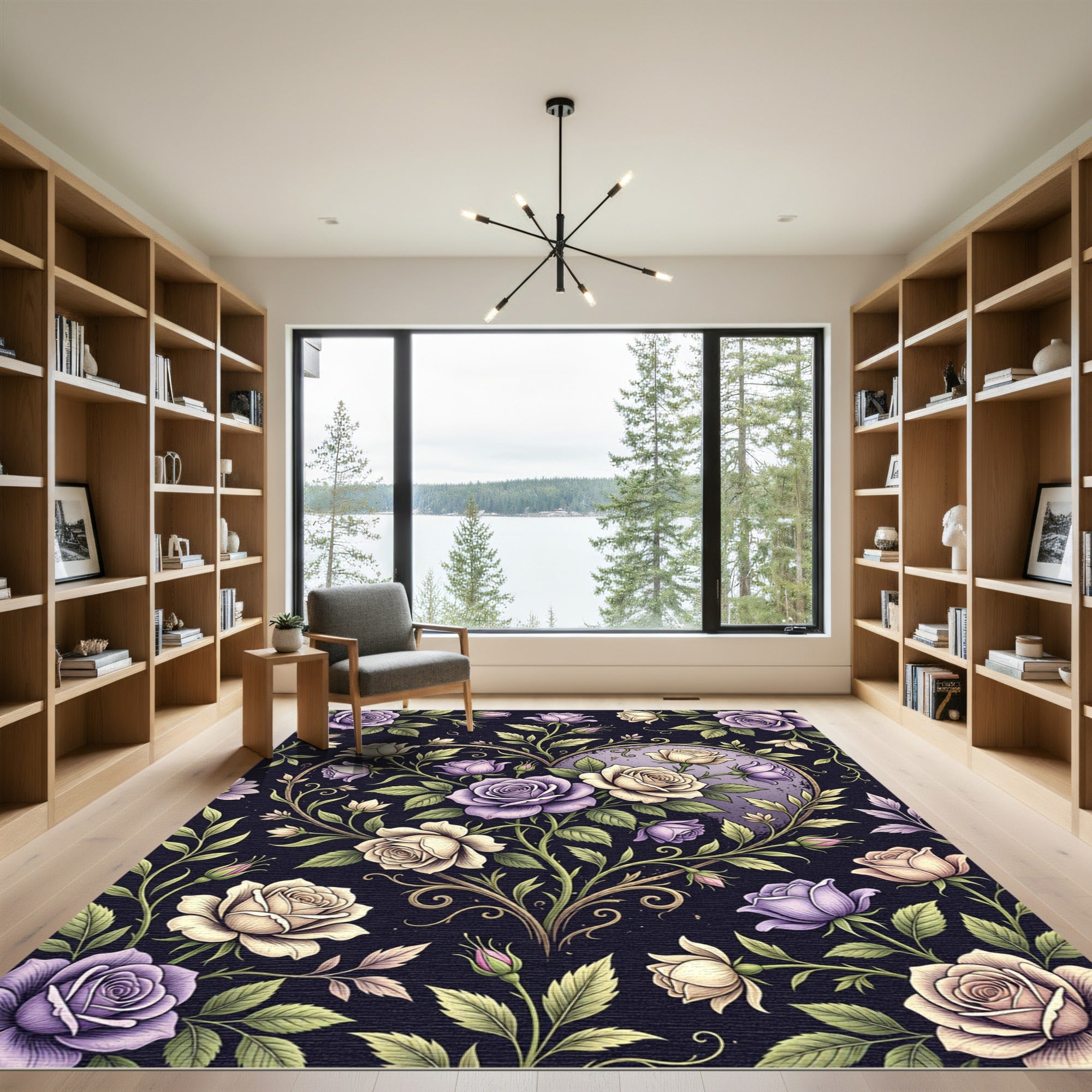 Elegant Floral Heart with Purple Roses Rug