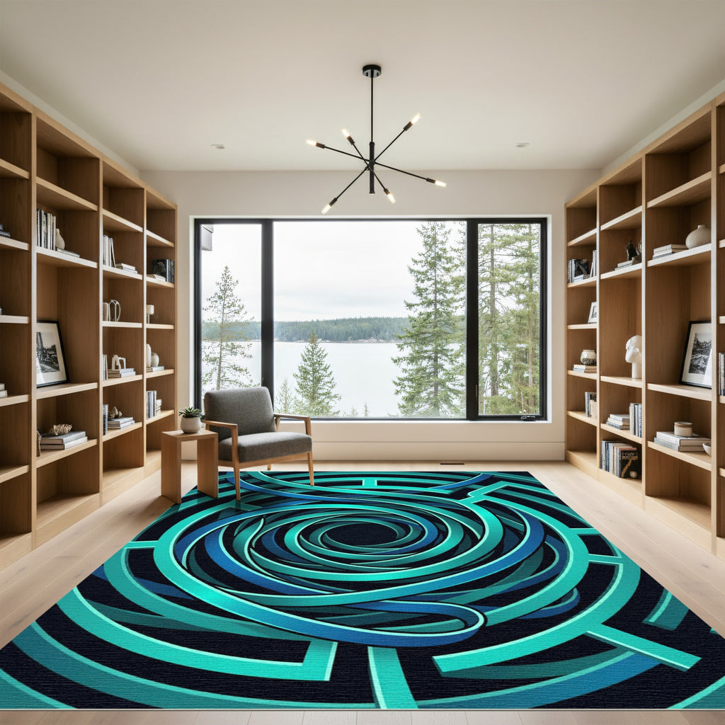 Abstract Teal Spiral Vortex Rug