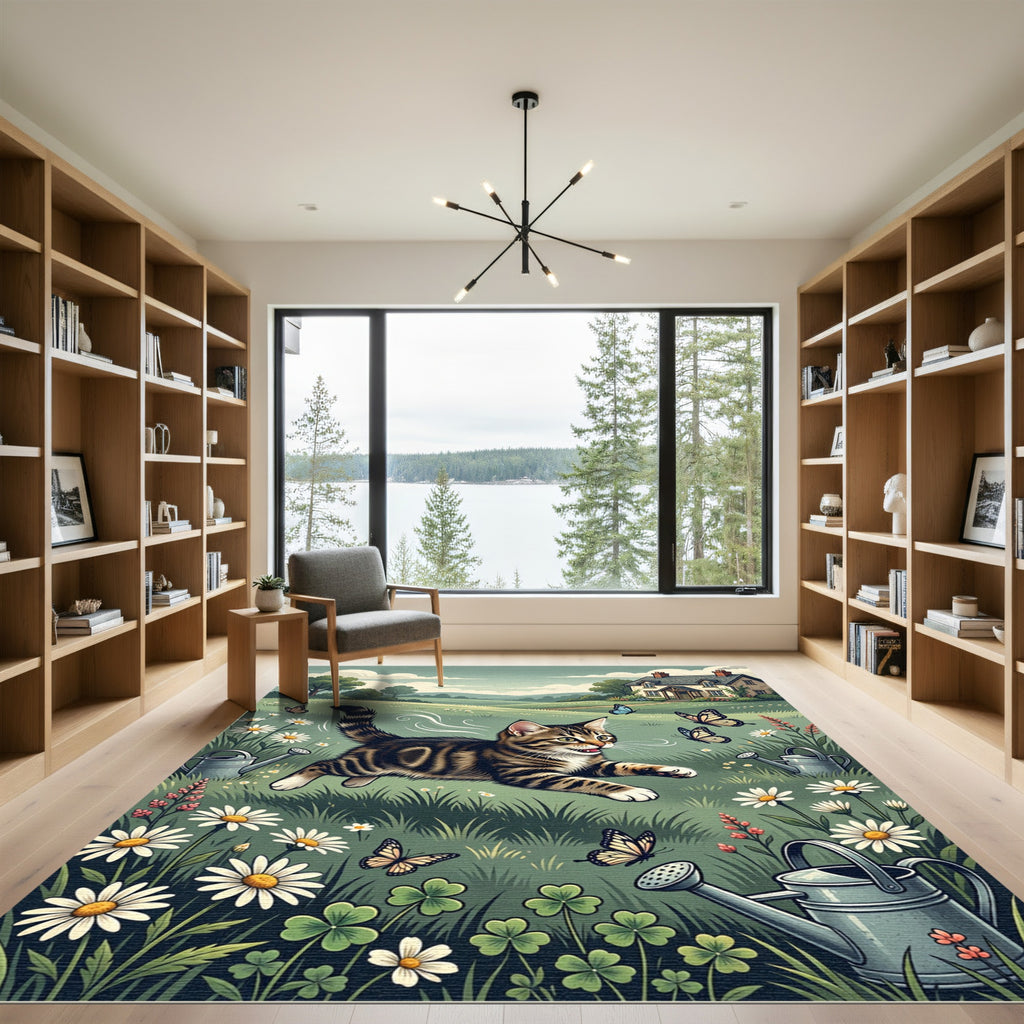 Whimsical Tabby Kitten Butterfly Garden Rug