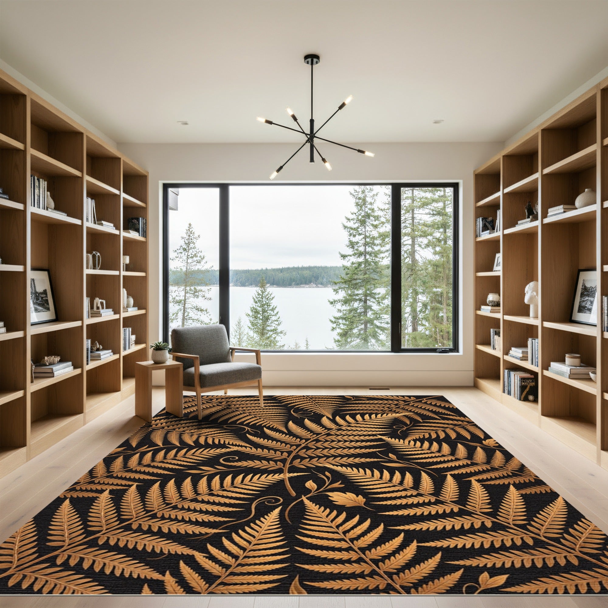 Golden Fern Foliage Rich Black Rug