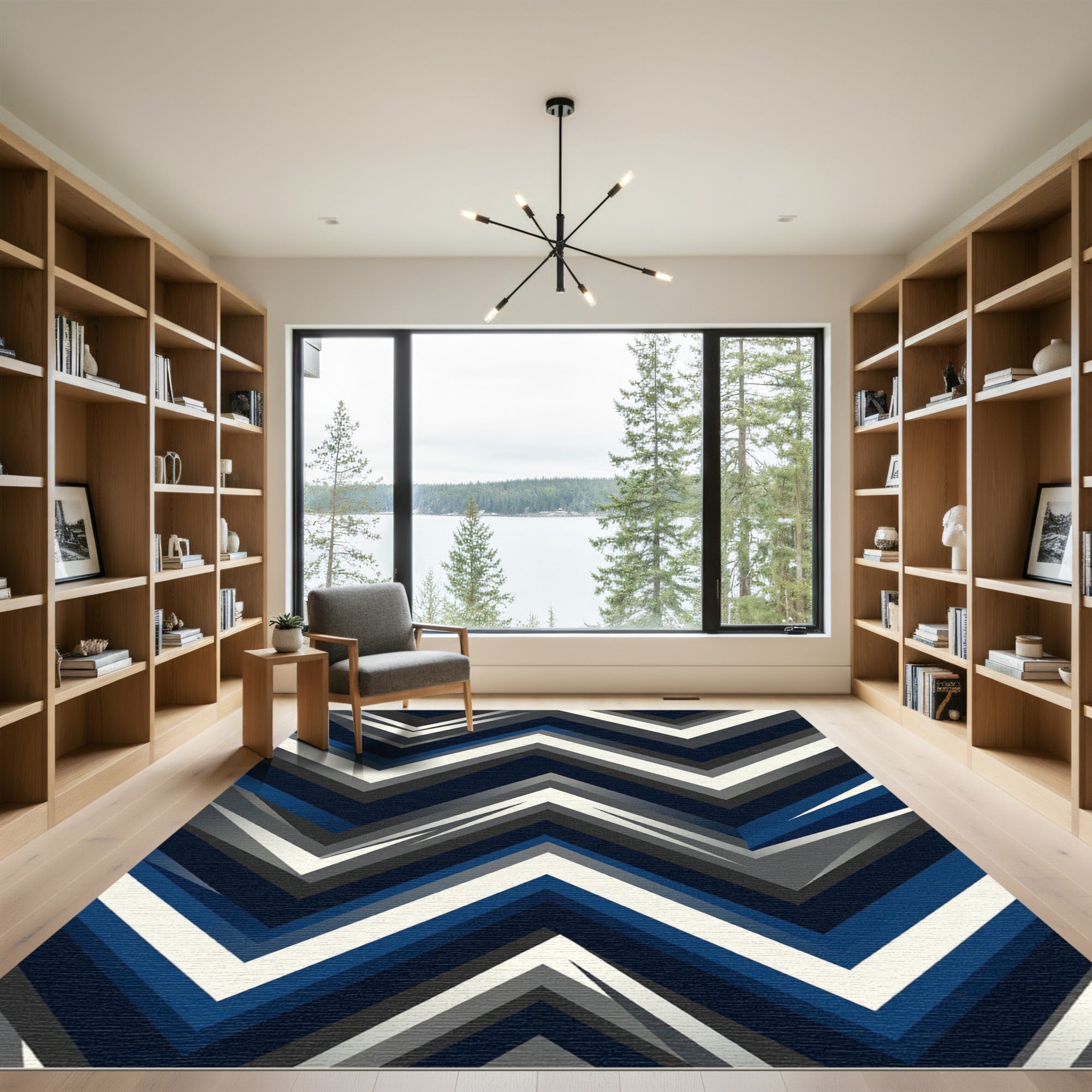 Modern Navy Grey Chevron Geometric Art Rug