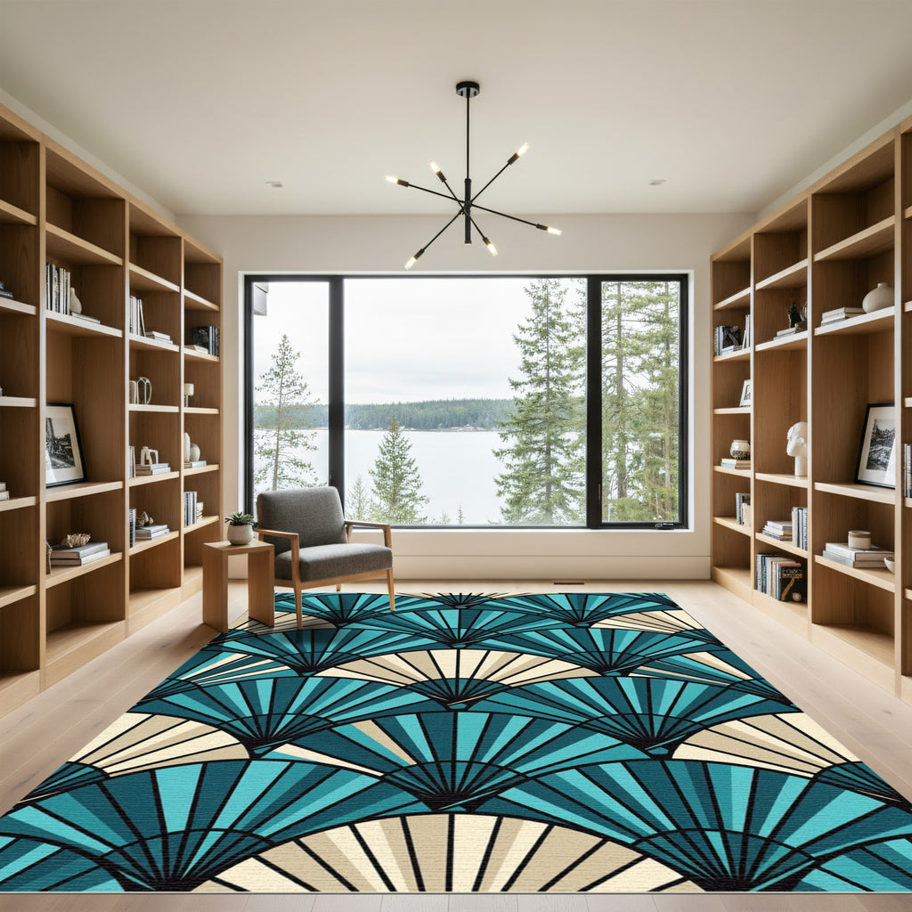 Teal And Cream Fan Geometric Overlap Rug