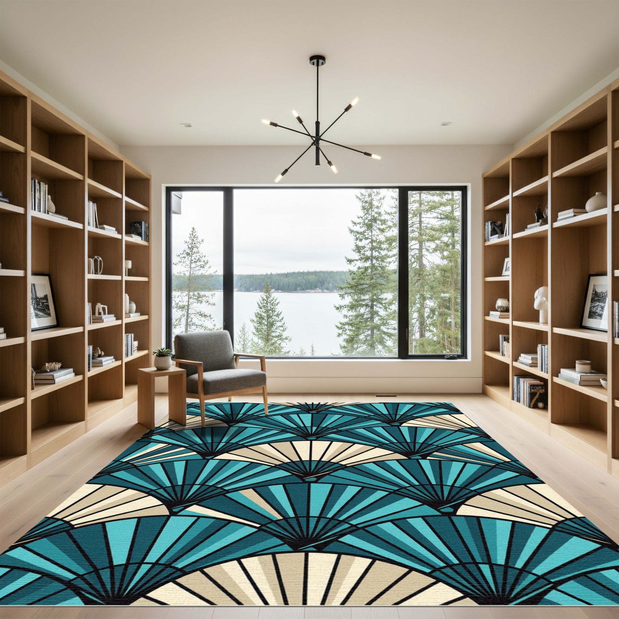 Teal And Cream Fan Geometric Overlap Rug