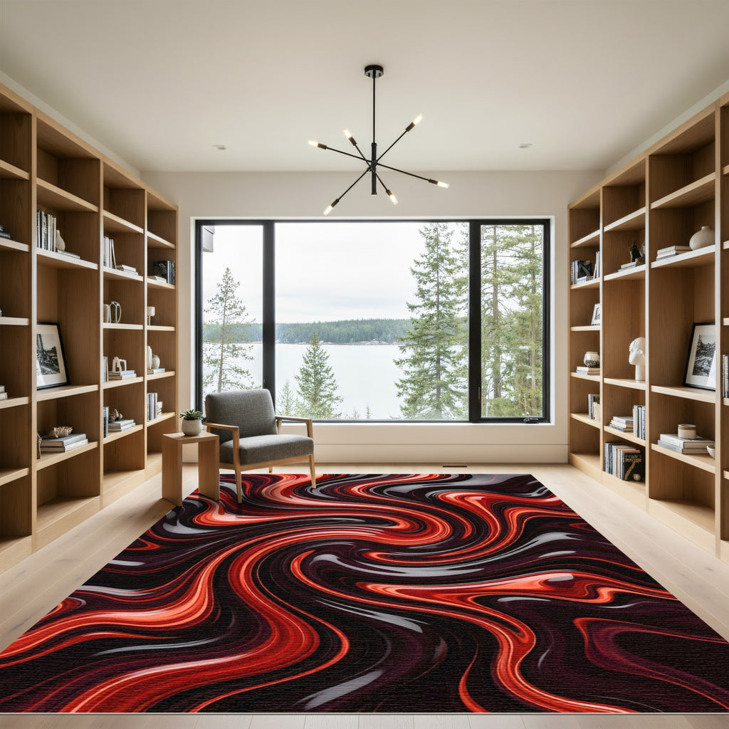Fiery Red Swirl Abstract Rug
