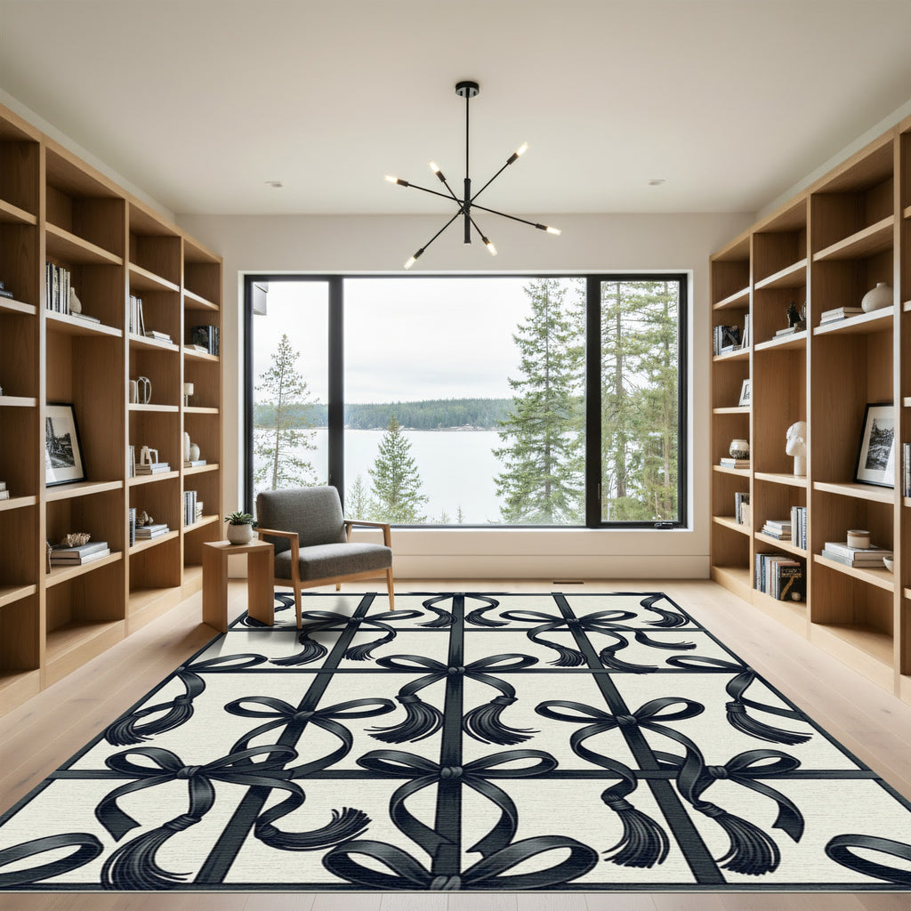 Elegant Black Bows and Tassels Grid Rug