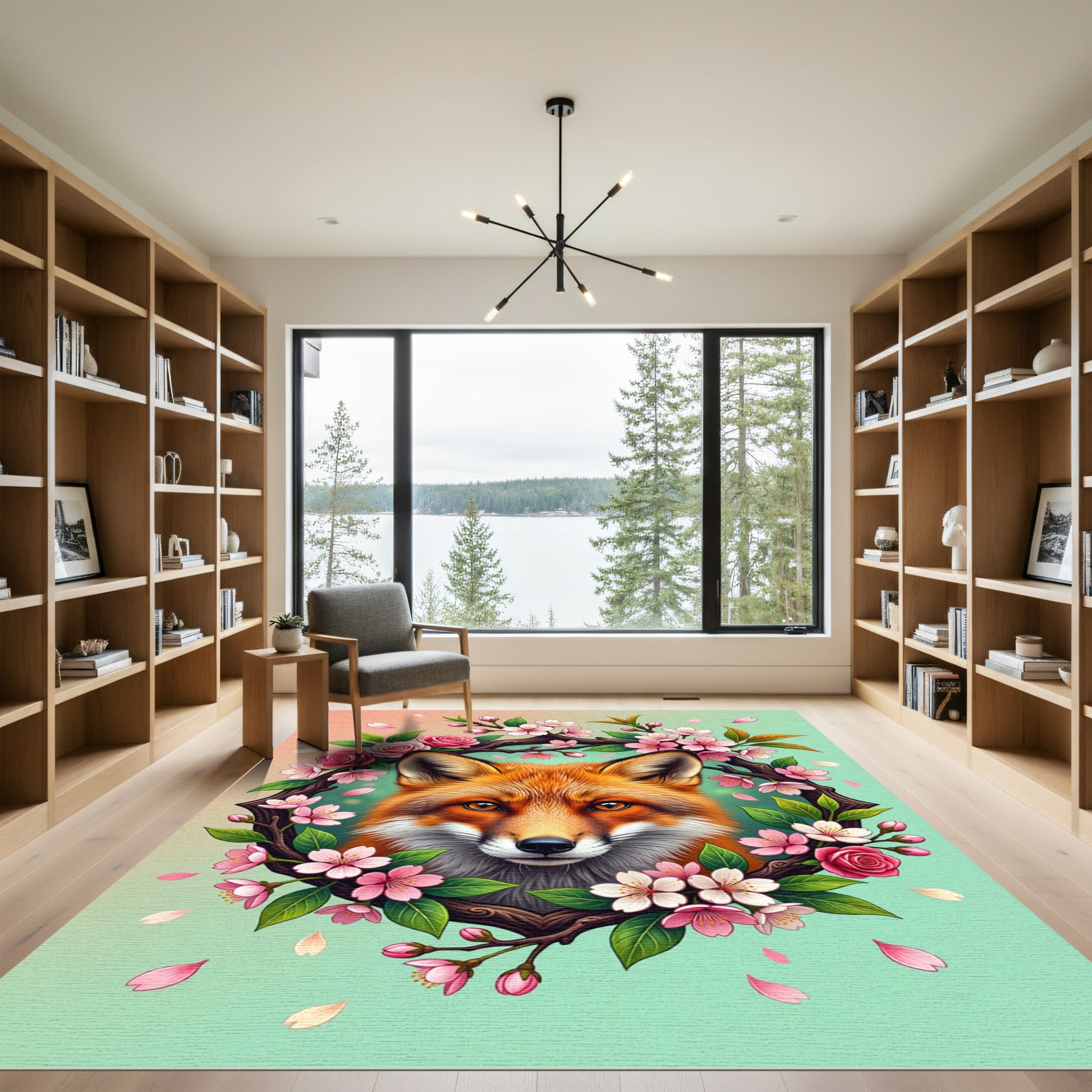 Artistic Fox Portrait with Cherry Blossoms Rug