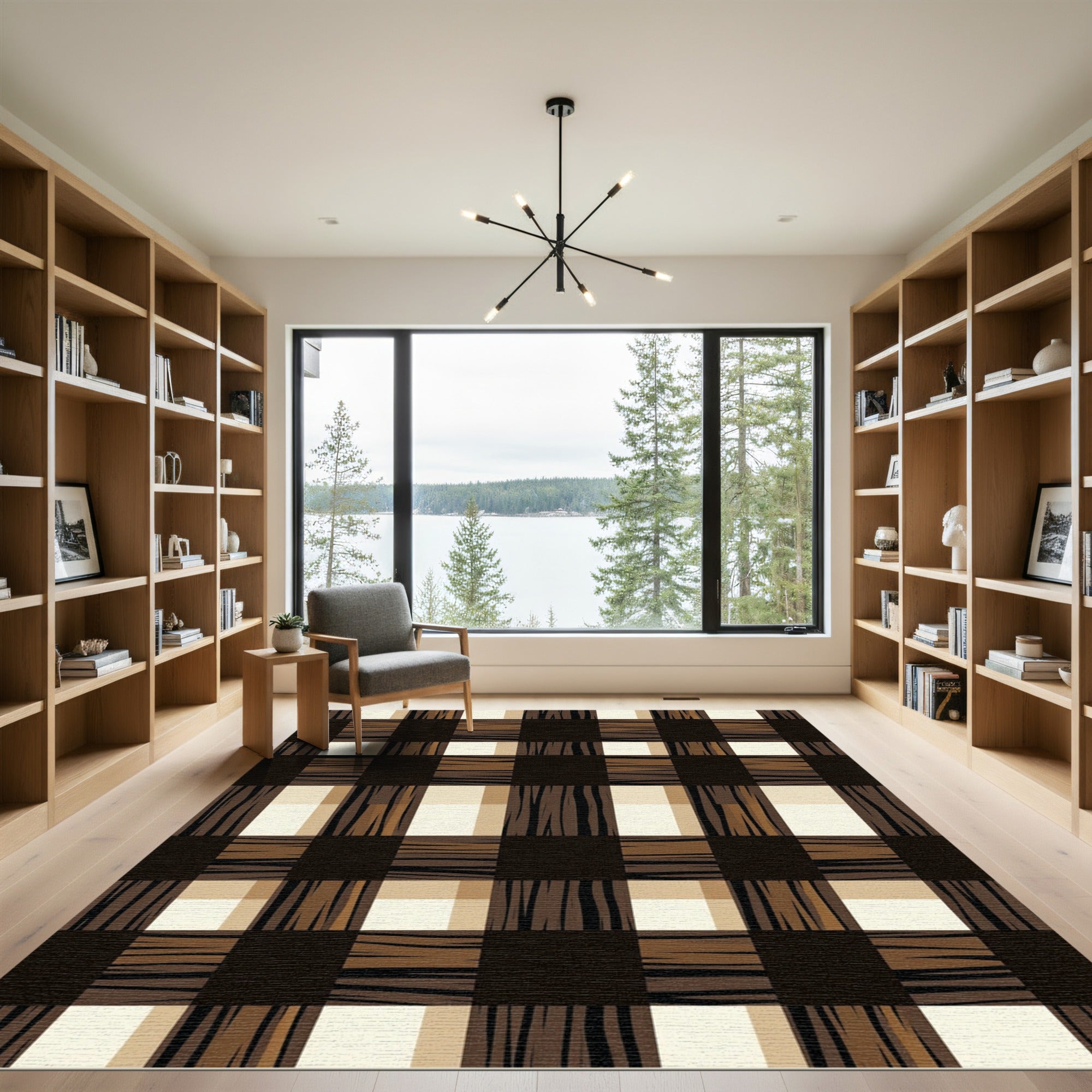 Brown Black Cream Gingham Checks Rug