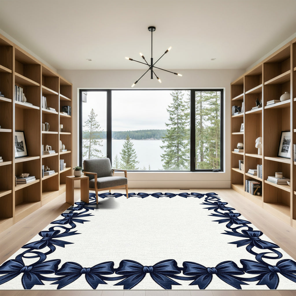 Elegant Navy Ribbon Bow Border Rug