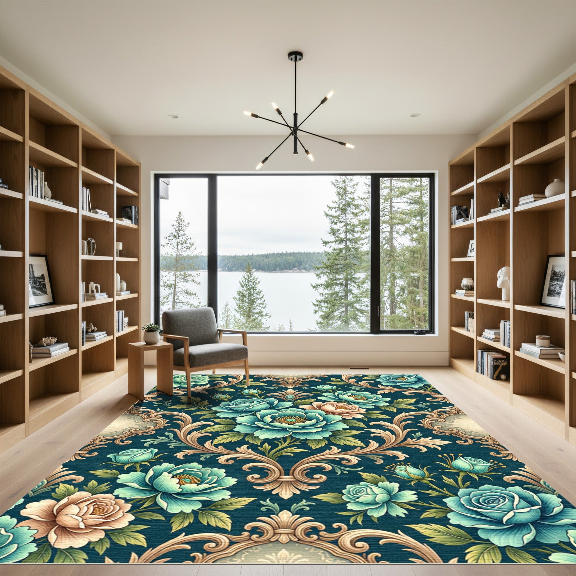 Teal Floral Scroll Baroque Rug