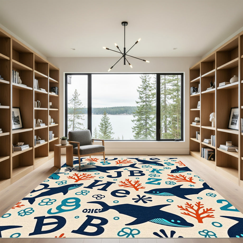 Navy Blue Whale Coral Alphabet Collage Rug