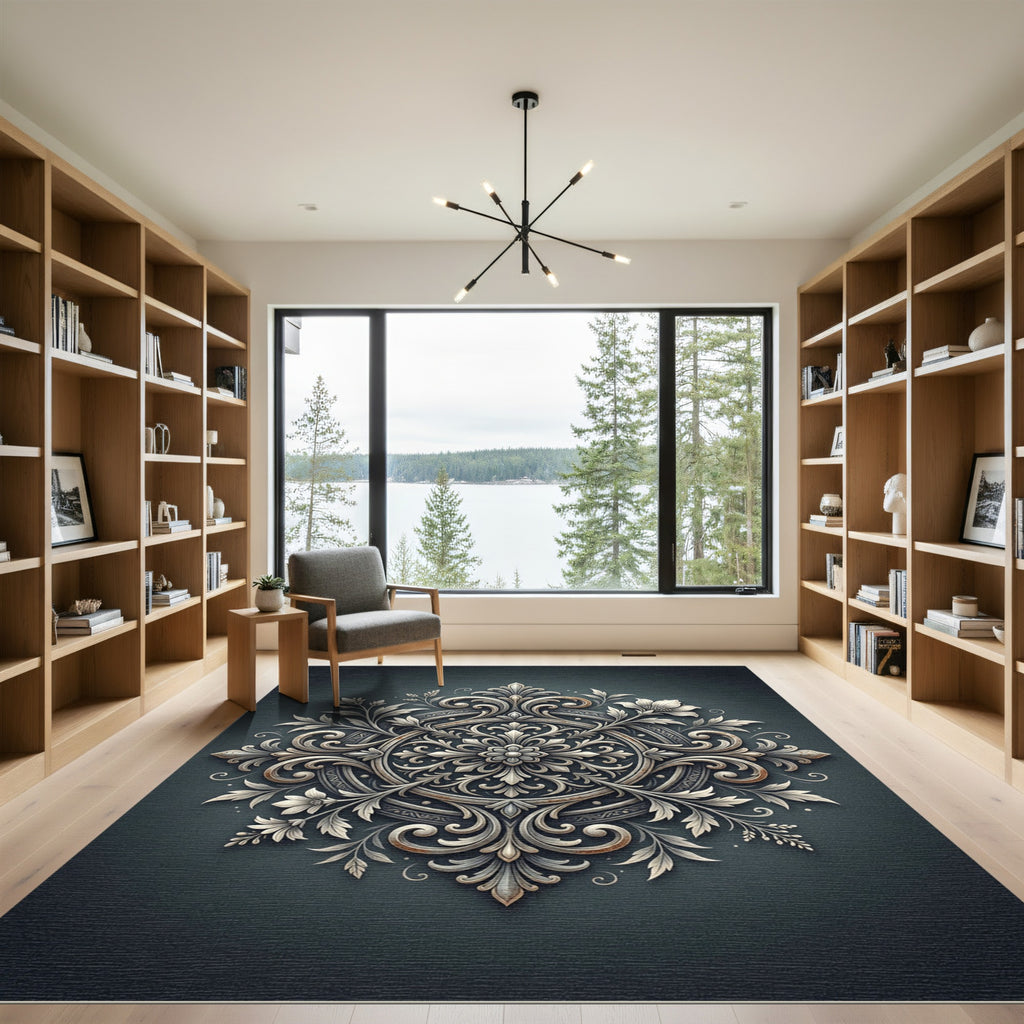 Elegant Charcoal Silver Floral Medallion Rug