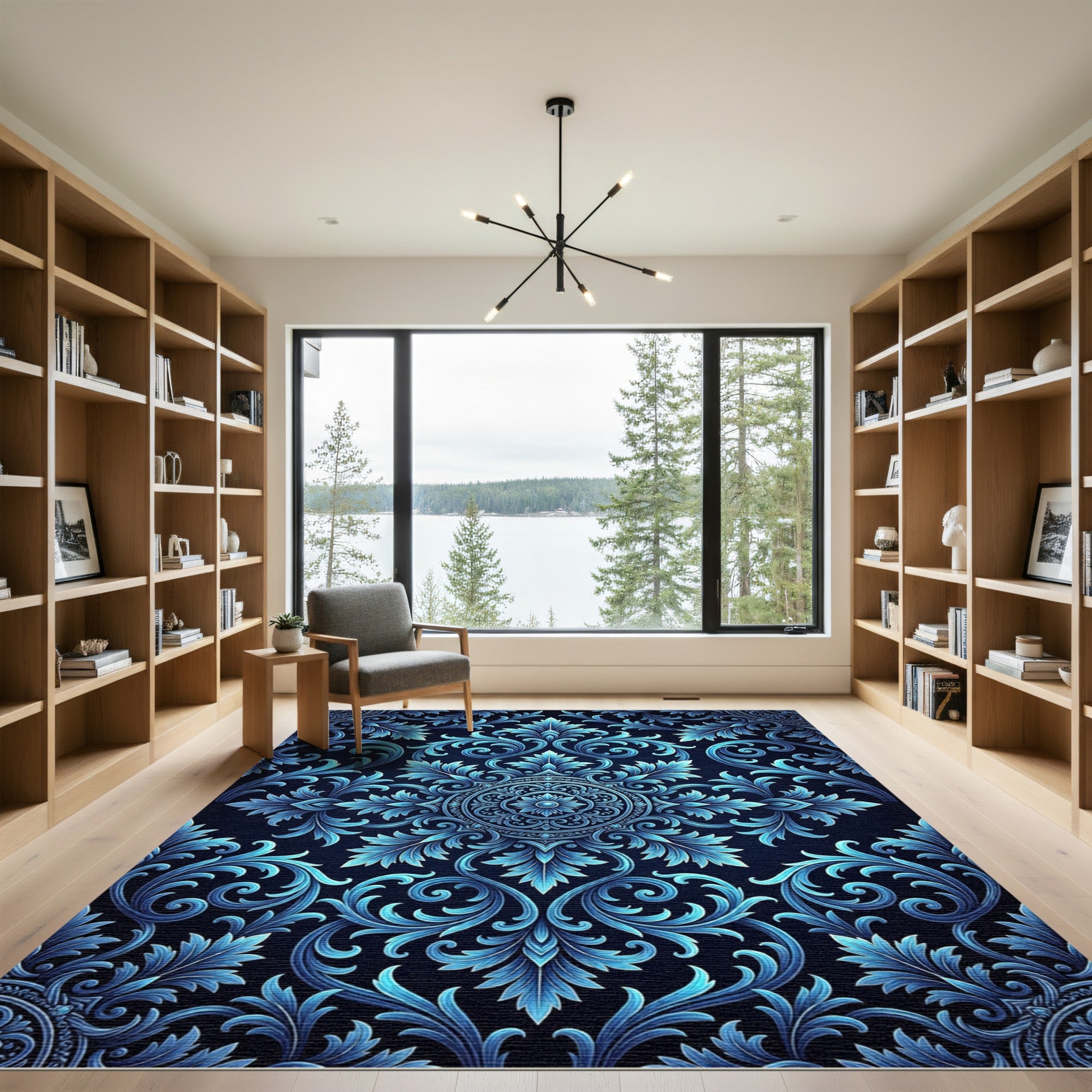 Ornate Blue Floral Scroll Rug