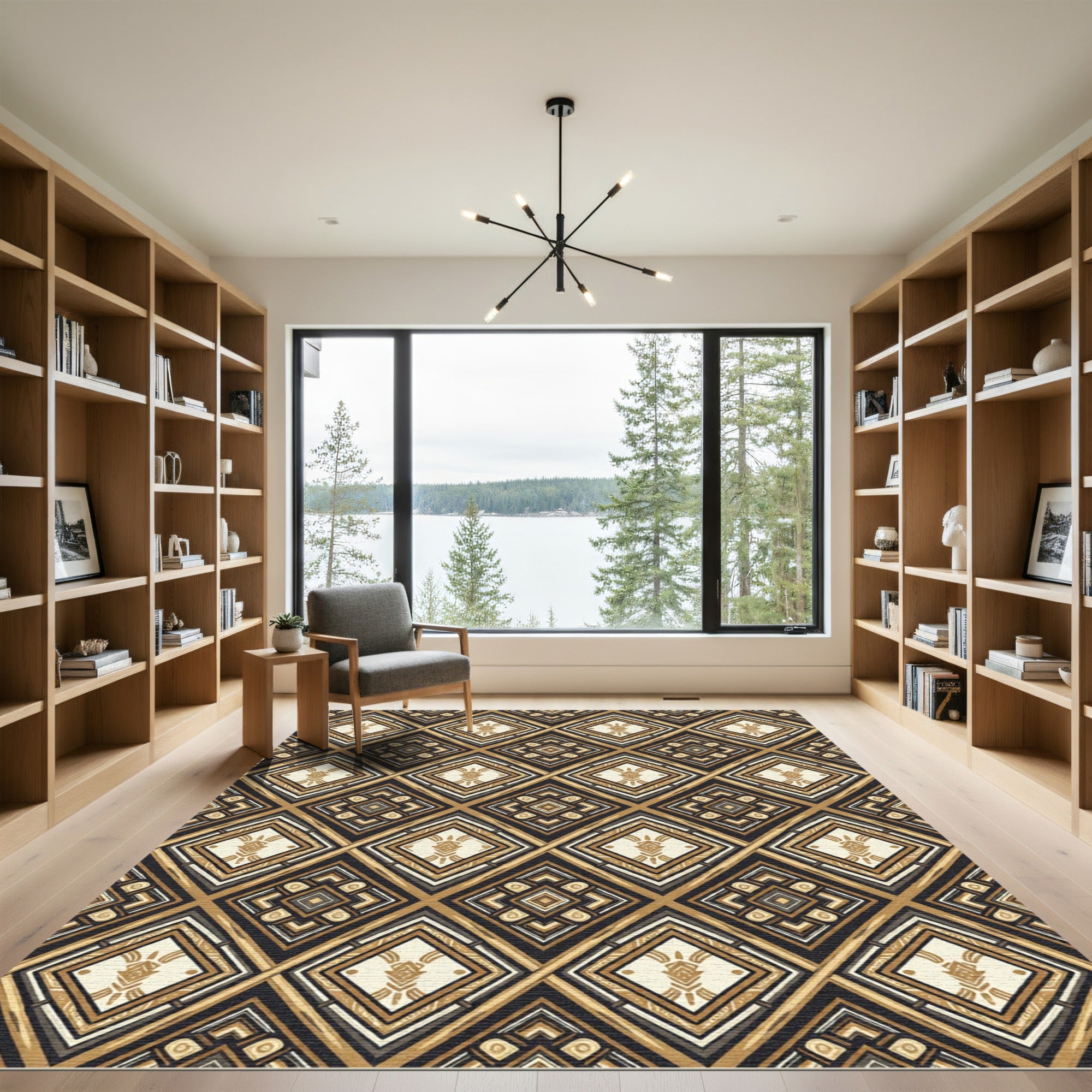 Golden Black Diamond Geometric Medallion Rug