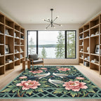 Elegant Cranes and Peonies Teal Rug