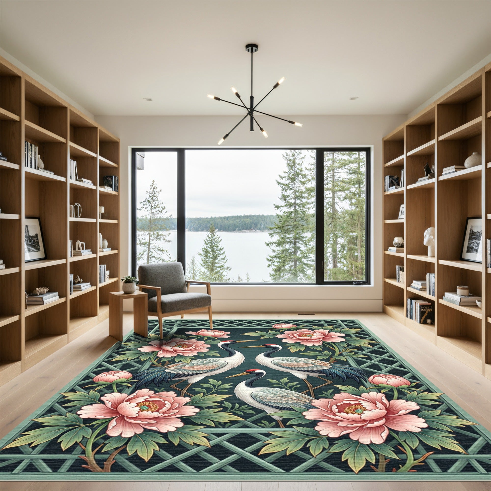Elegant Cranes and Peonies Teal Rug