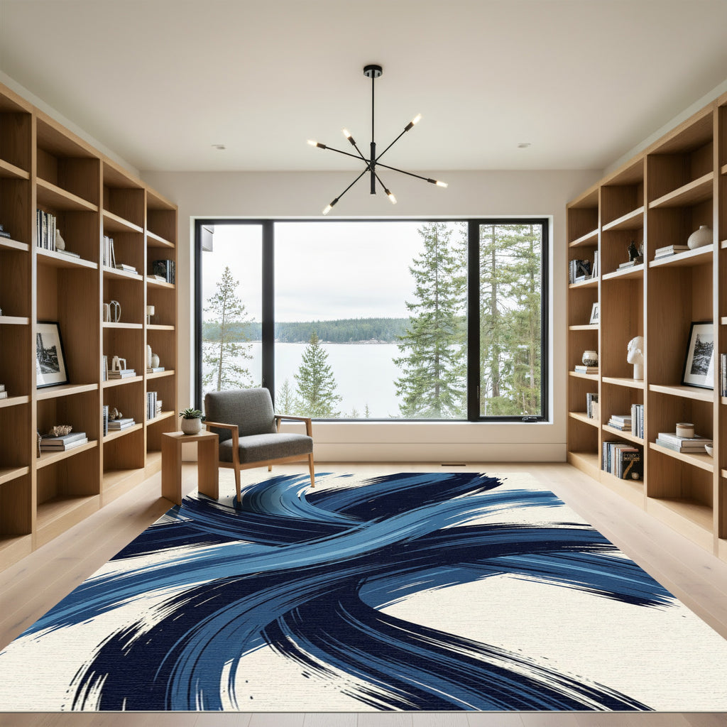 Modern Navy Blue Abstract Brushstrokes Rug