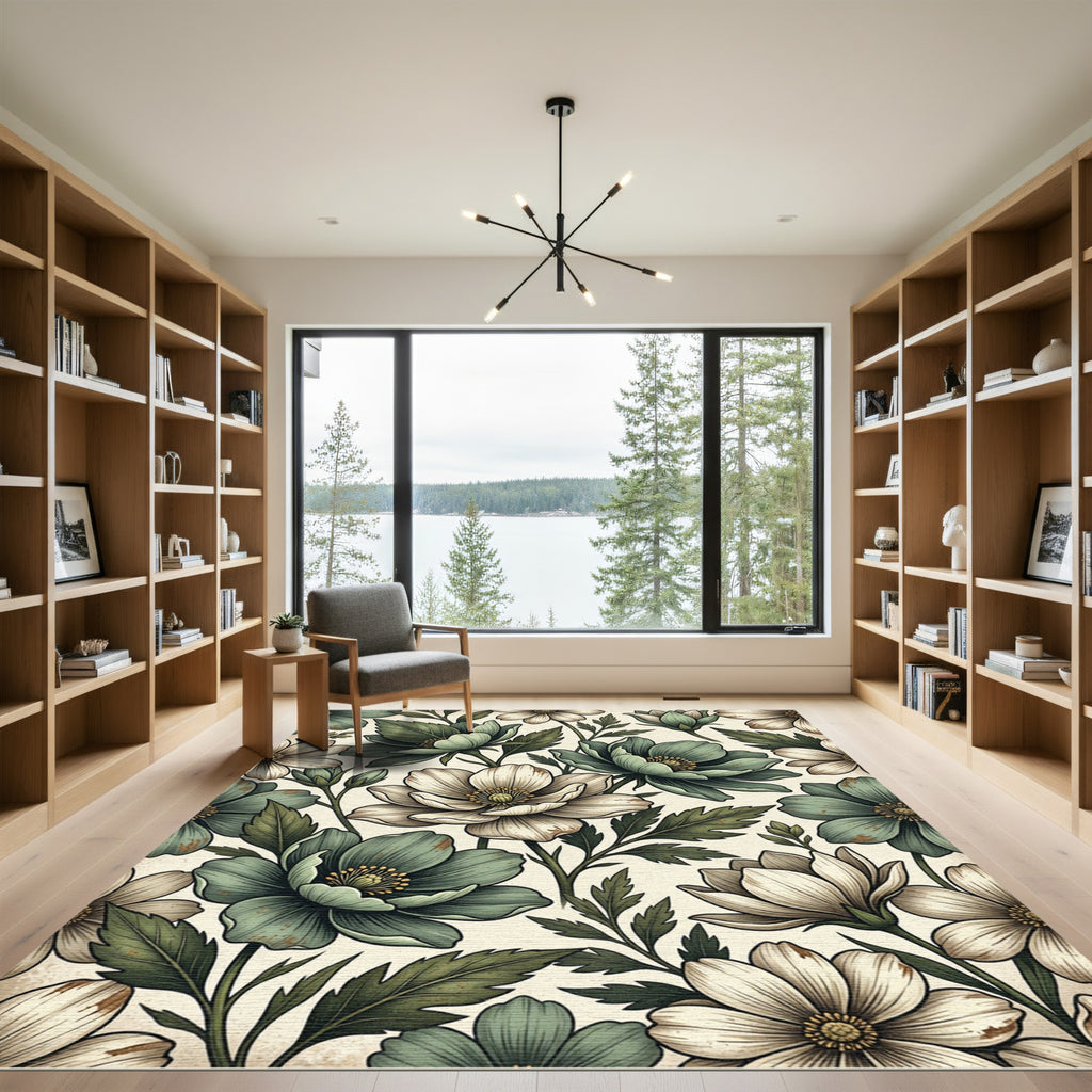 Sage and Cream Botanical Floral Illustration Rug