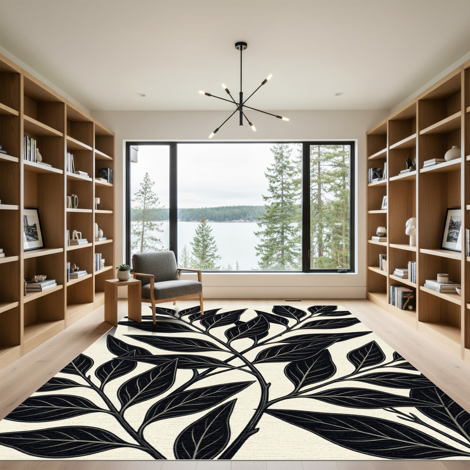 Elegant Black Leaf Branch Pattern Rug