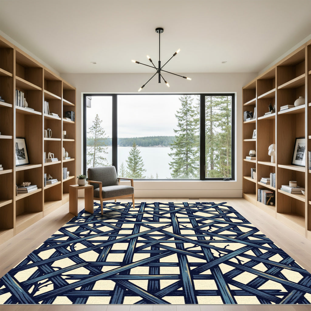 Geometric Navy Blue Lattice Twig Grid Rug