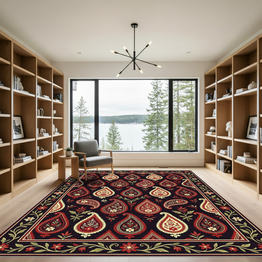 Rich Red Cream Paisley Floral Border Rug