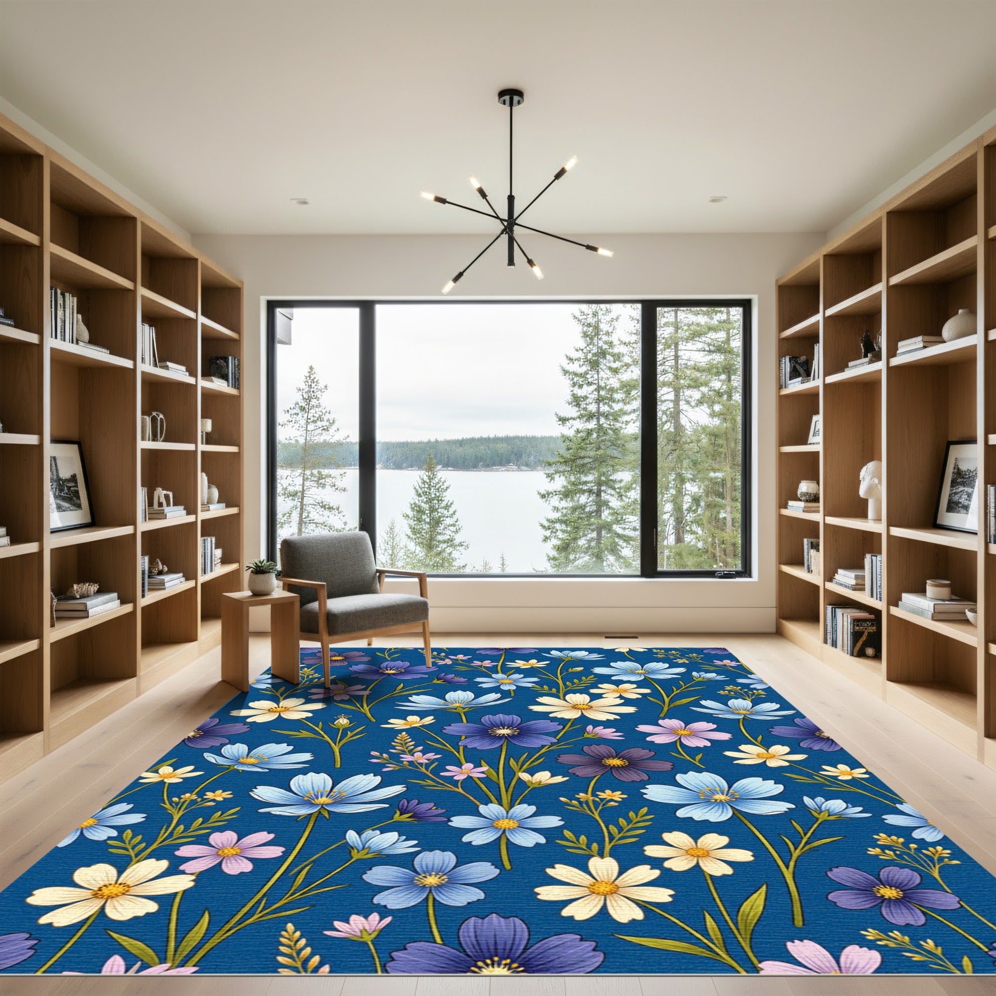Deep Blue Floral Garden Medley Rug