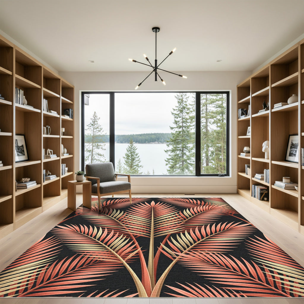 Coral Gold Palm Frond Pattern Rug