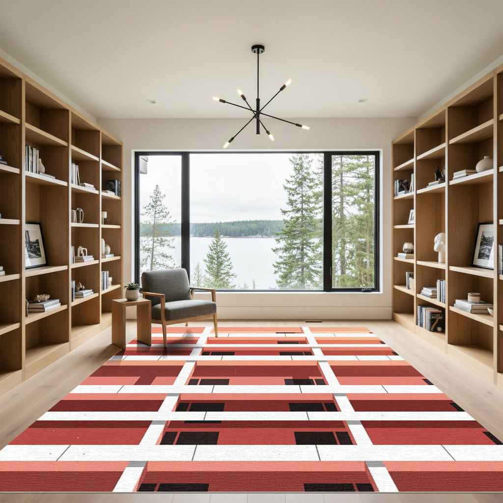Coral Geometric Brutalist Grid Rug