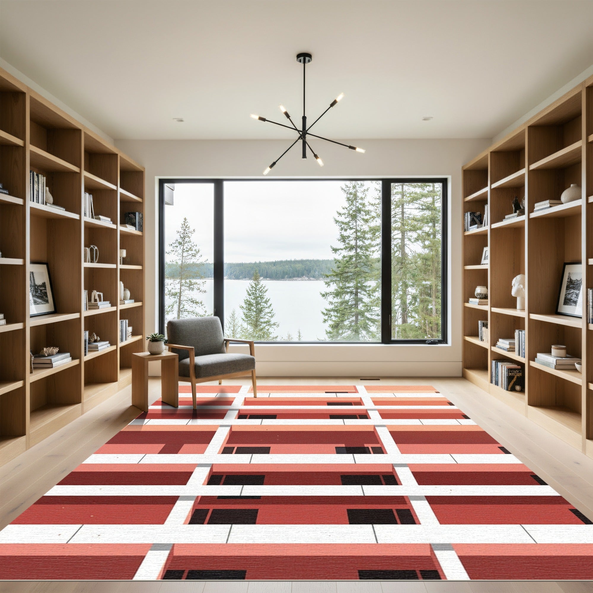 Coral Geometric Brutalist Grid Rug