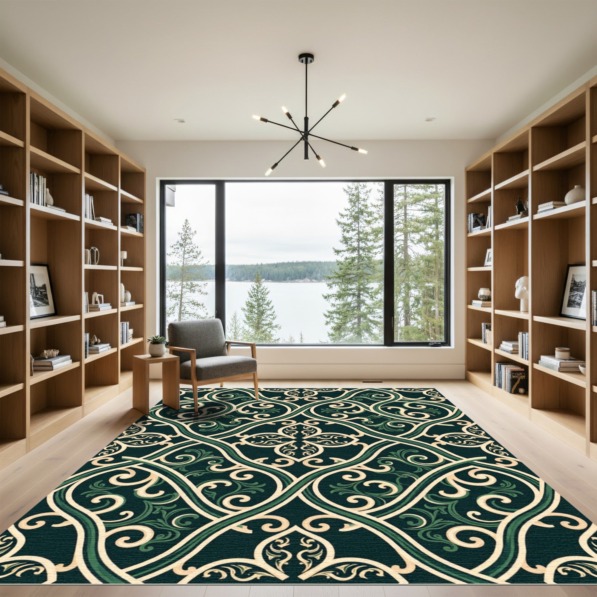 Elegant Emerald Olive Intertwining Scroll Rug