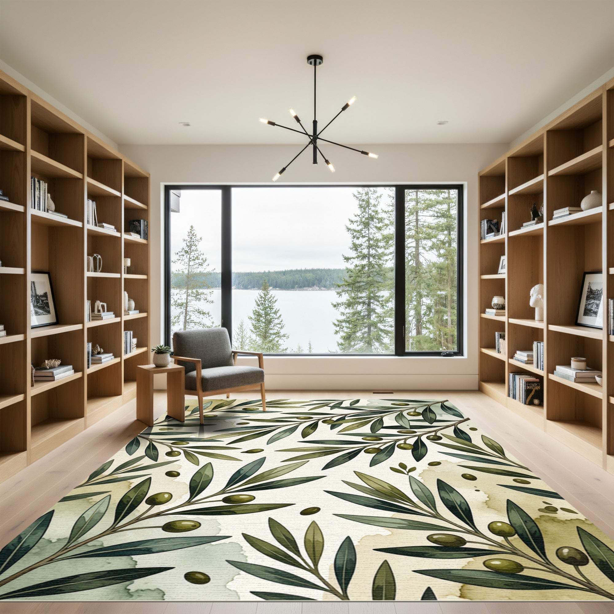 Green Olive Branch Watercolor Botanical Rug