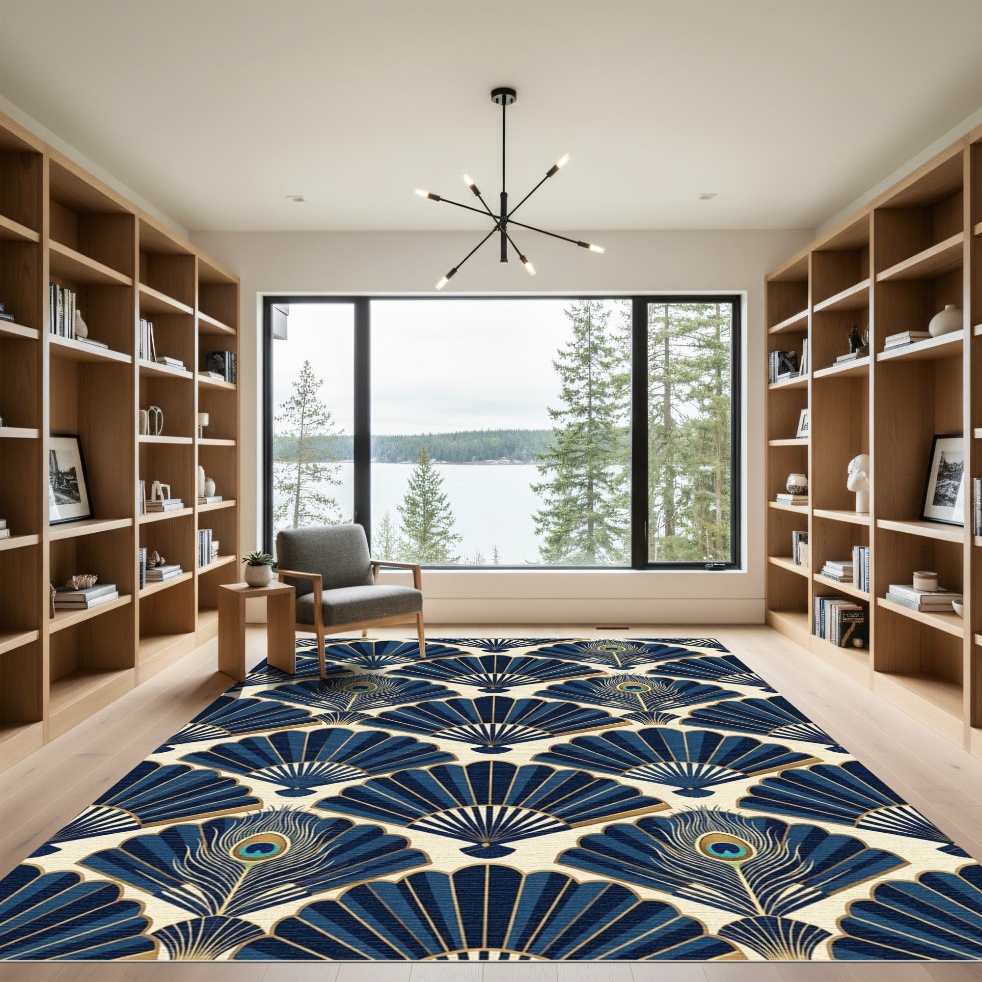 Art Deco Peacock Fan Navy Wallpaper Rug