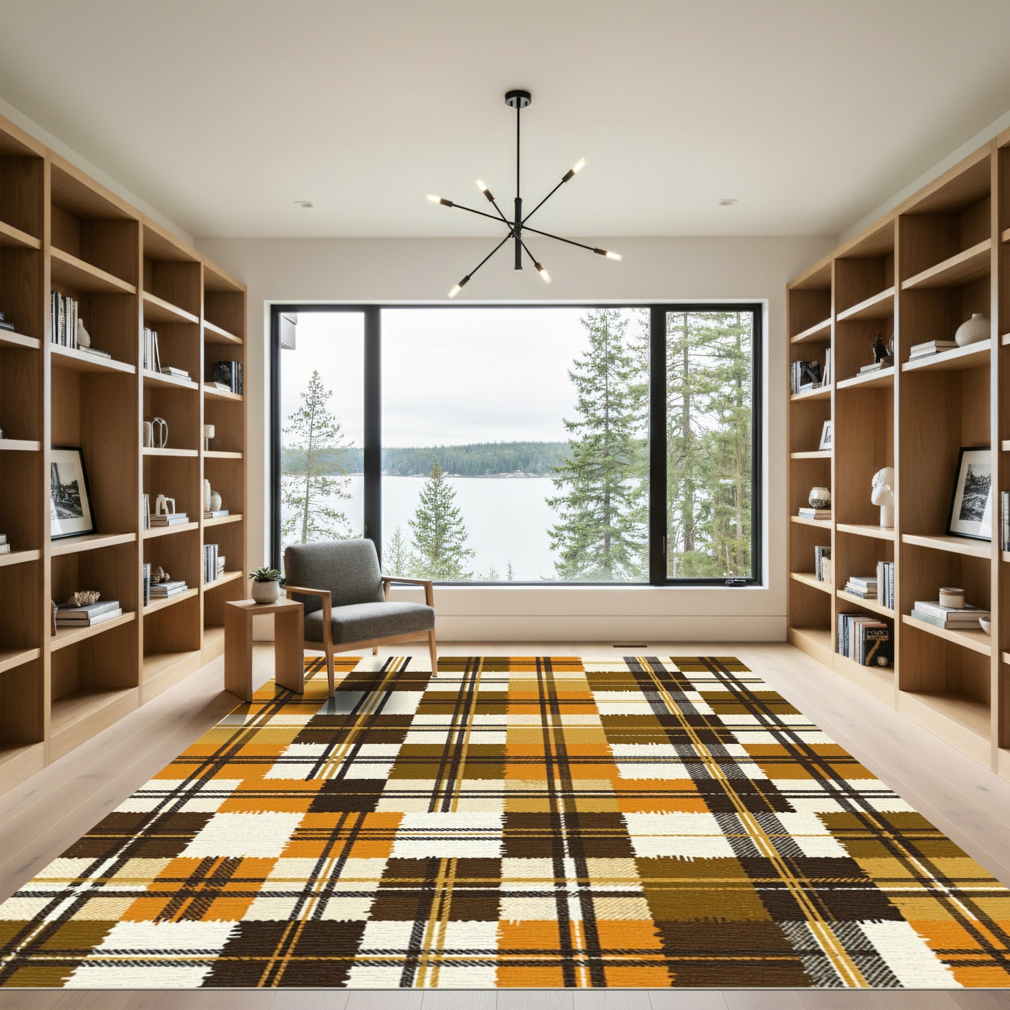 Autumn Golden Brown Plaid Grid Rug