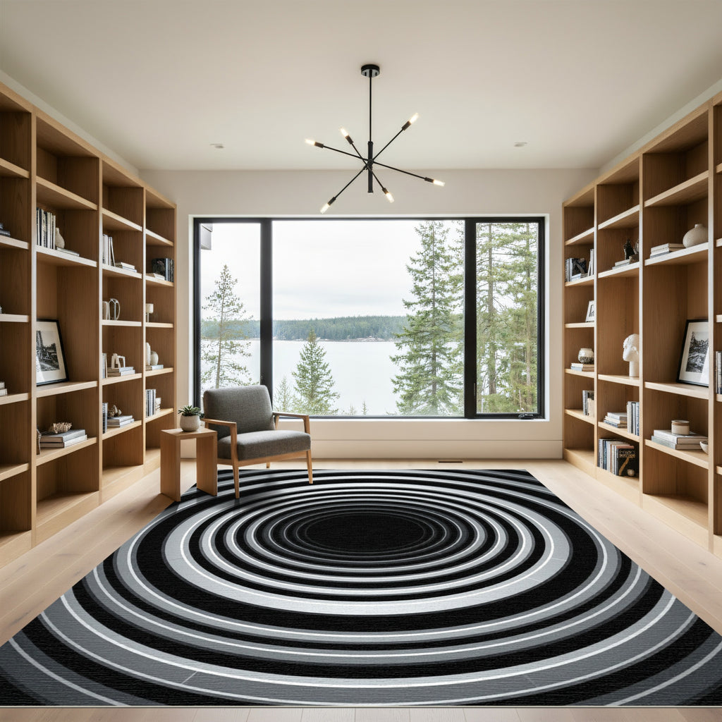 Monochrome Concentric Tunnel Optical Illusion Rug