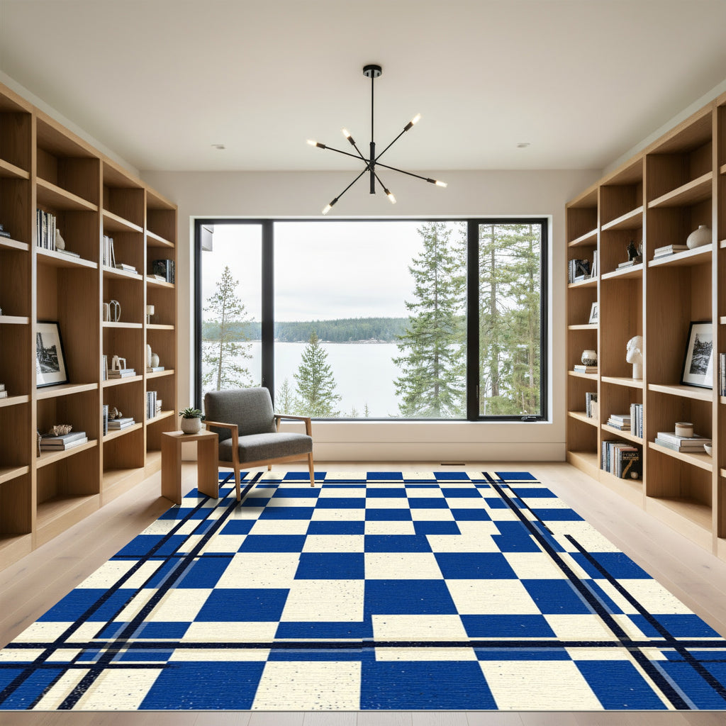 Bold Blue Cream Plaid Checkerboard Rug