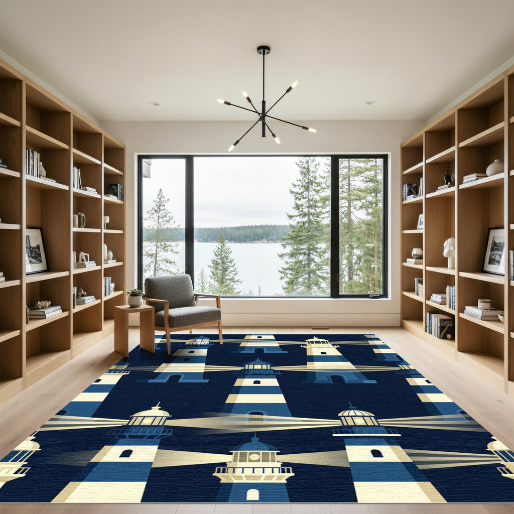 Modern Nautical Navy Lighthouse Stripe Rug