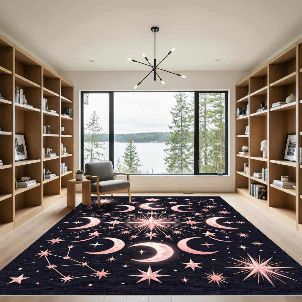 Pink Celestial Moon Stars Constellations Rug