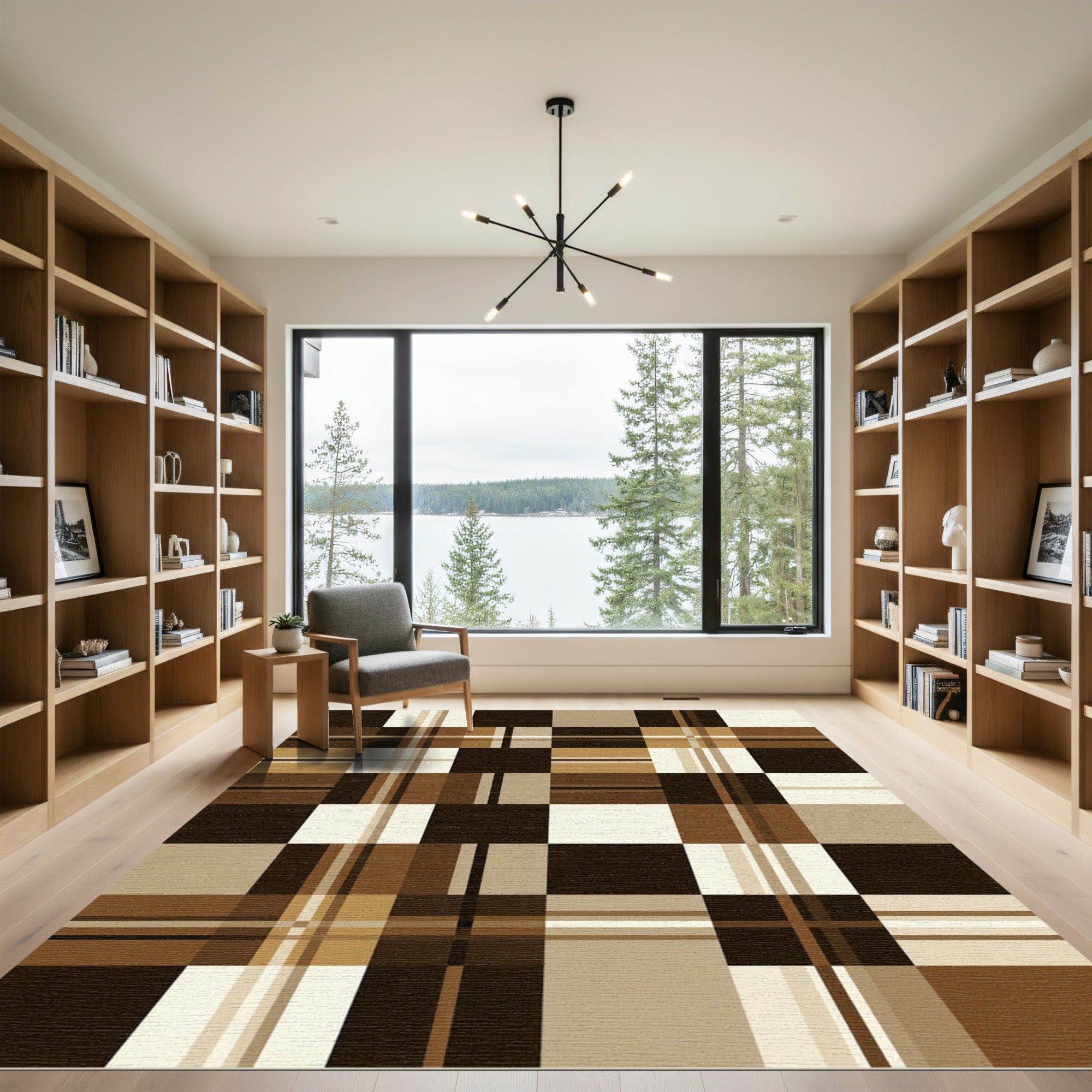 Modern Brown and Tan Plaid Grid Rug