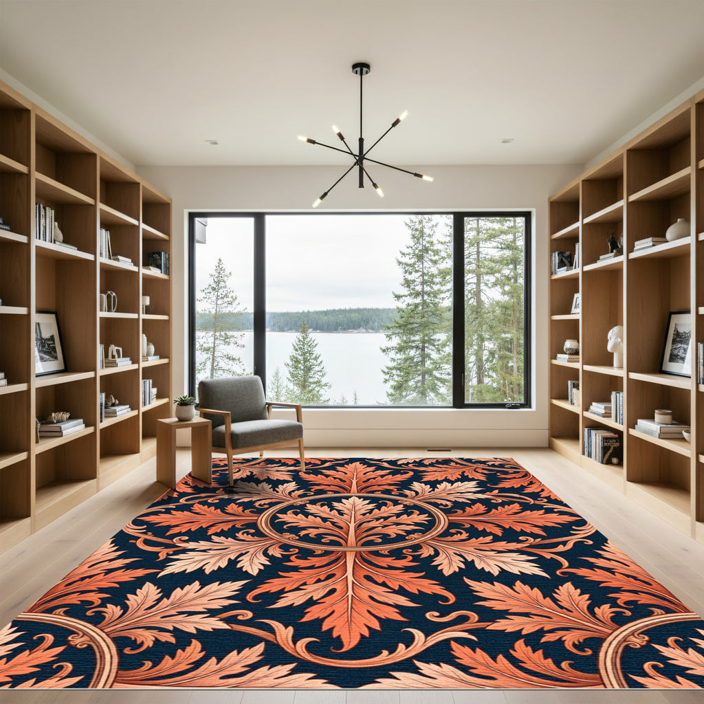 Coral Leaf Medallion Floral Navy Rug