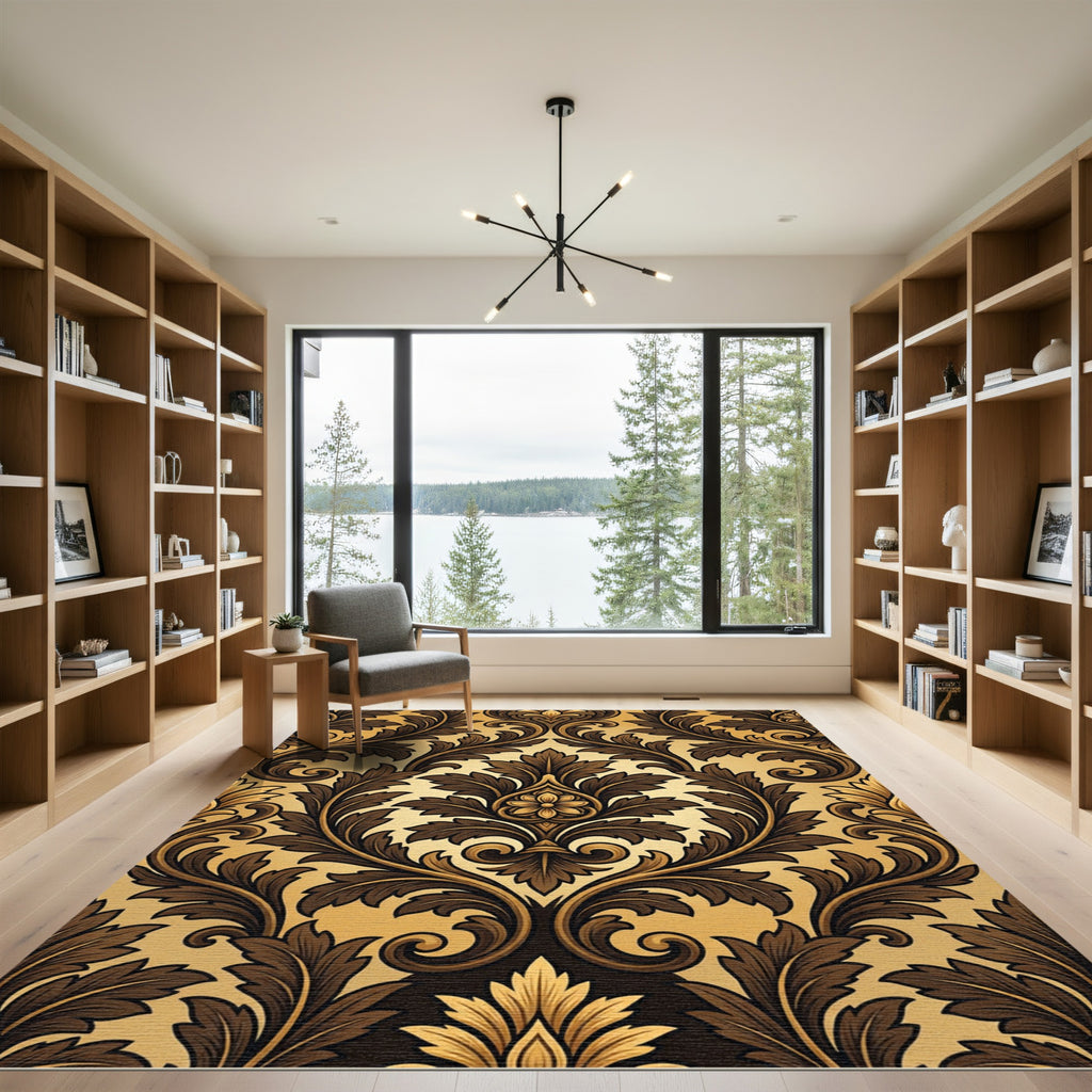 Gold Brown Acanthus Leaf Scroll Rug