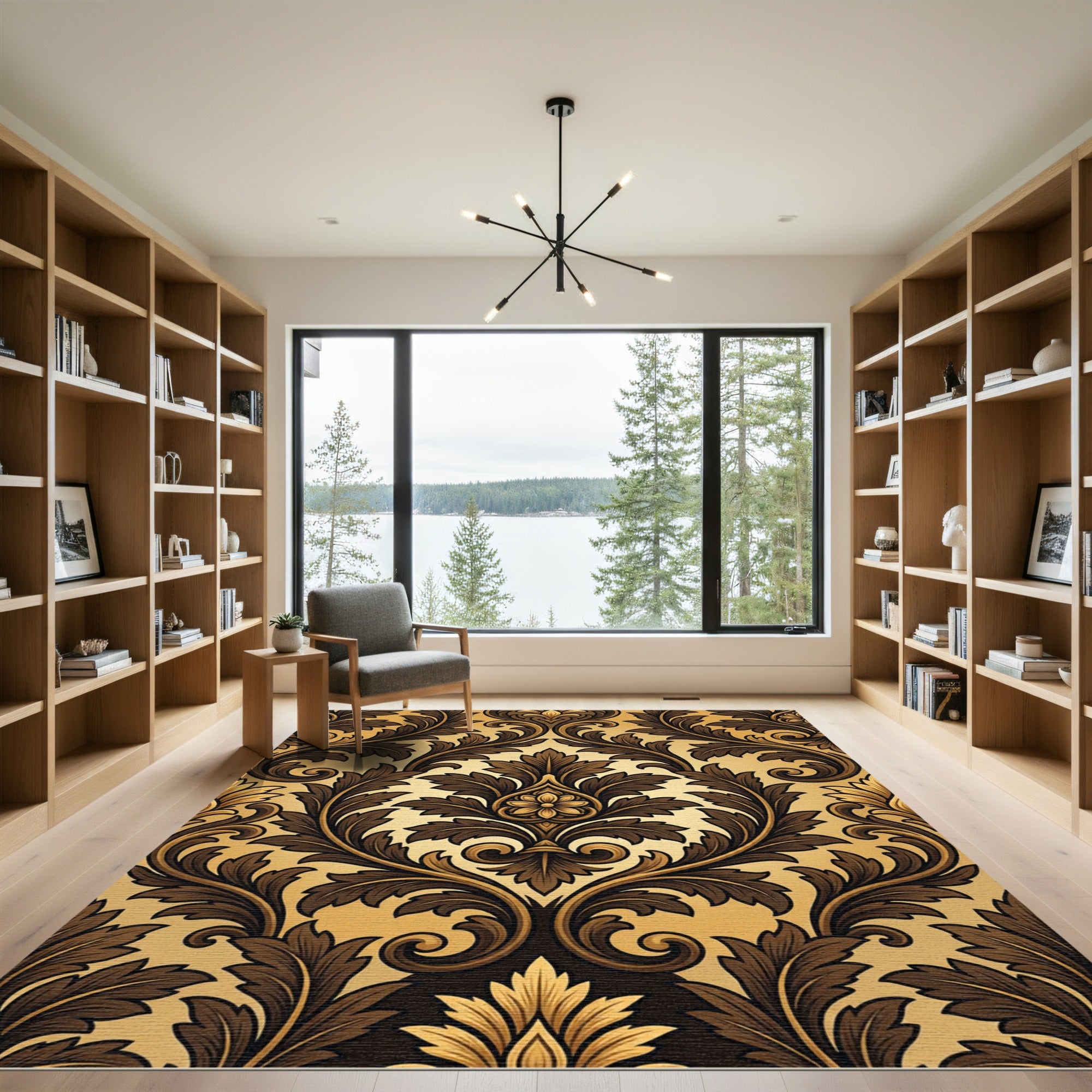 Gold Brown Acanthus Leaf Scroll Rug