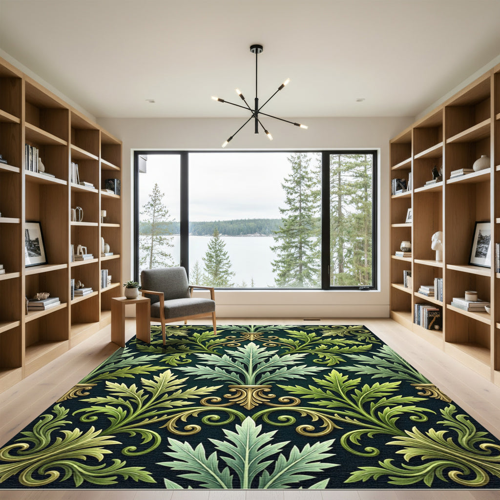 Verdant Gold Acanthus Leaf Scroll Rug