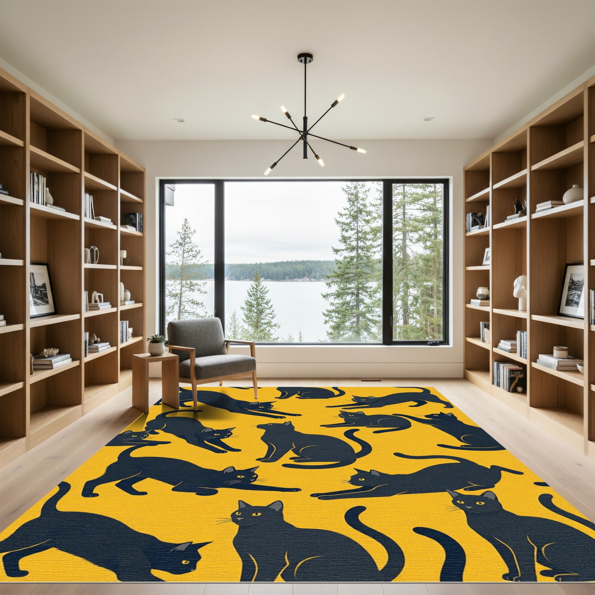 Black Cats All Over Yellow Rug
