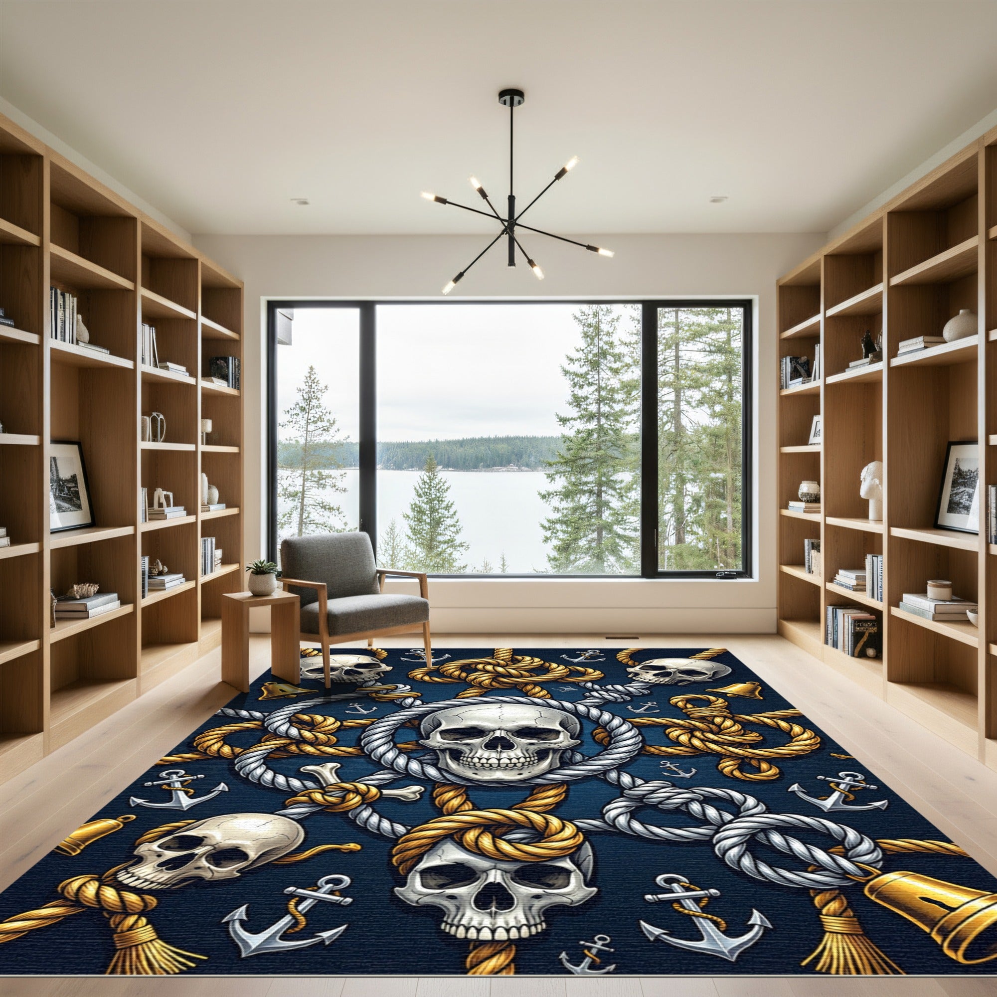 Nautical Skull and Golden Rope Medallion Rug