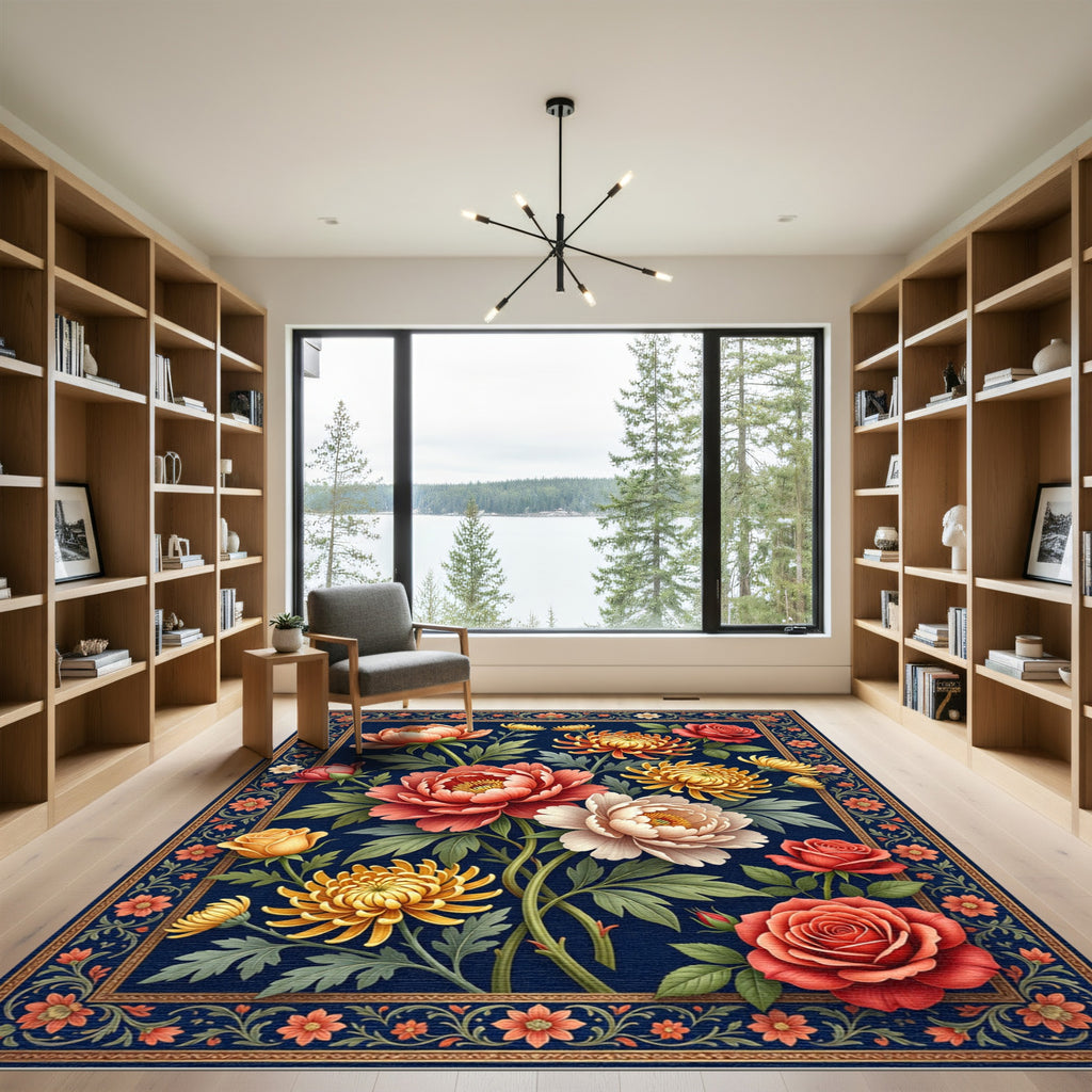 Elegant Navy Floral Bouquet Art Rug