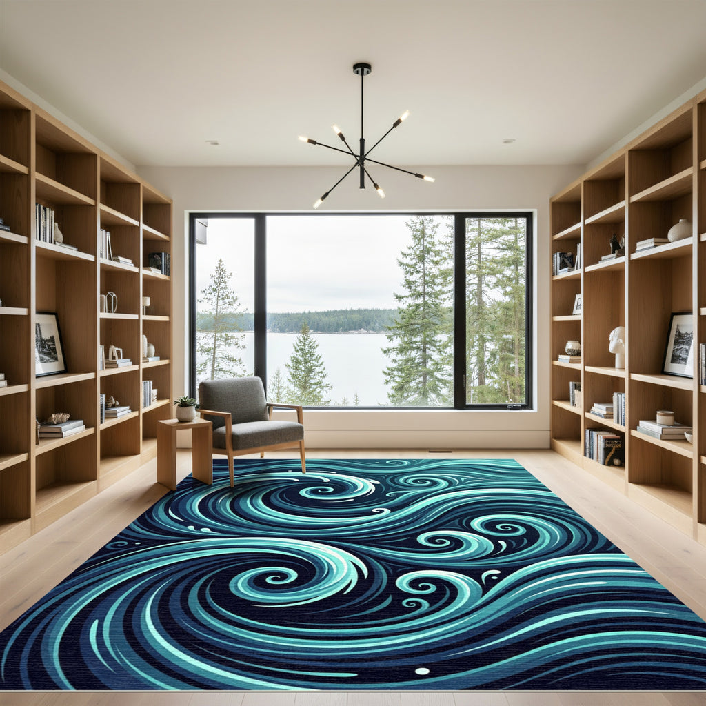 Deep Teal Ocean Swirl Waves Rug
