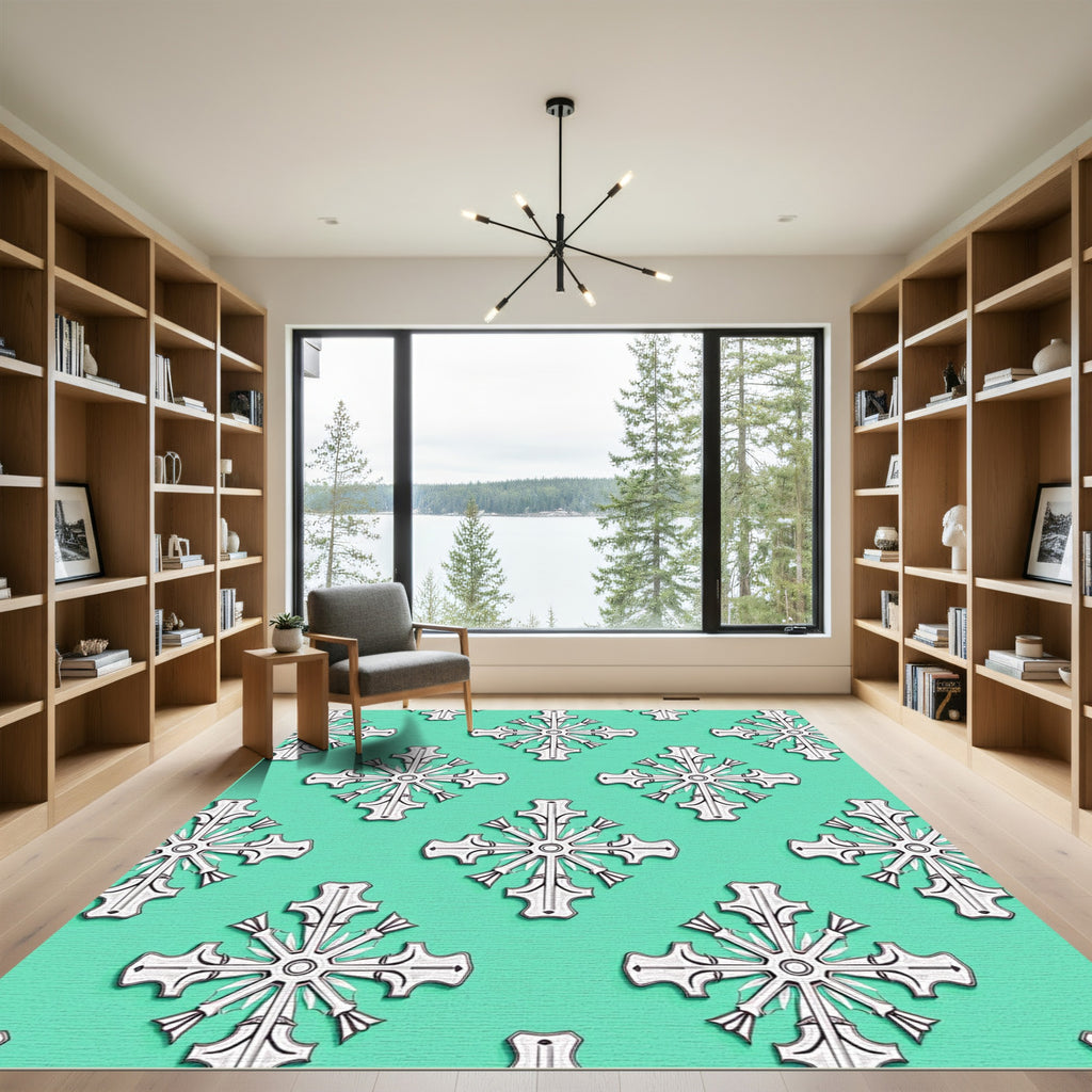 White Cross Medallion Teal Background Rug