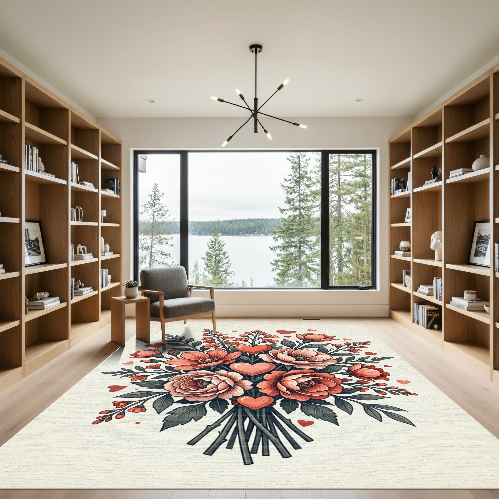 Coral Hearts and Blooms Bouquet Rug